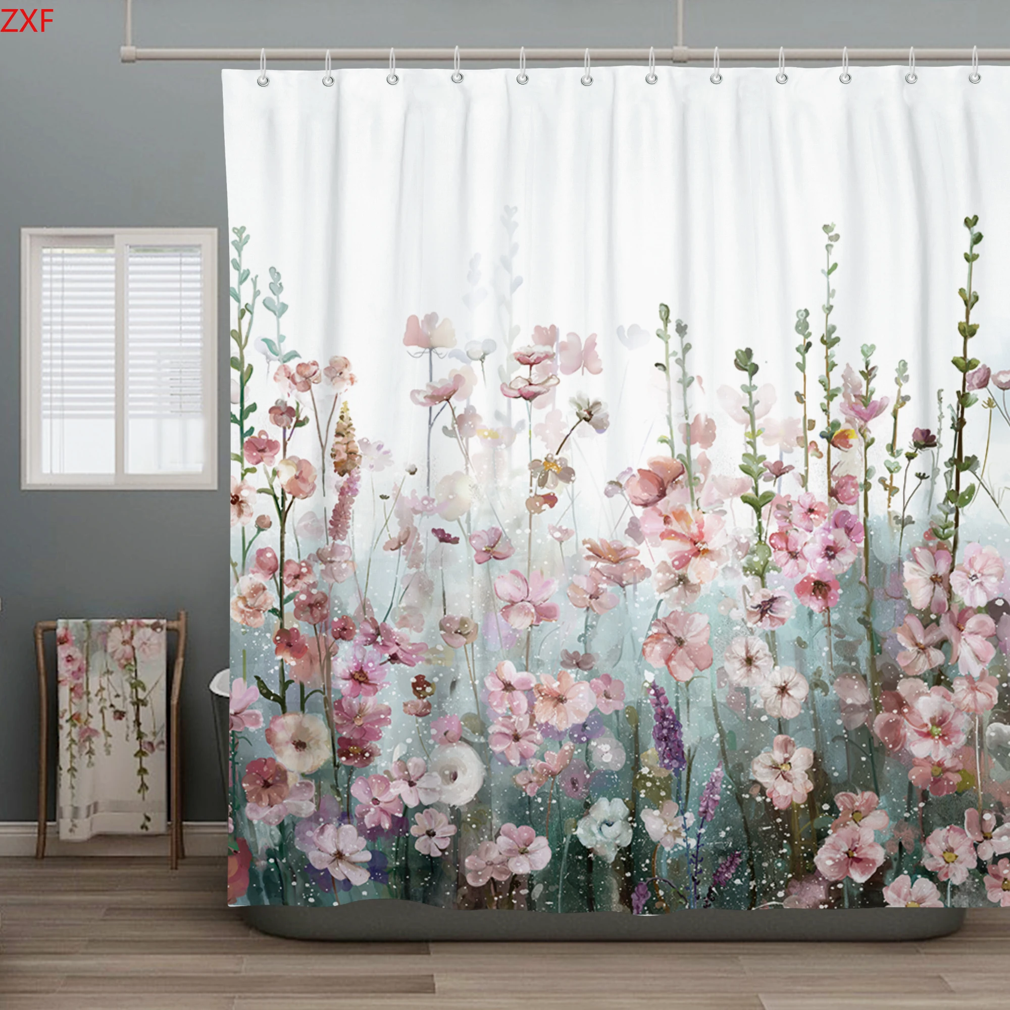 

New Style Floral Fabric Bathroom Shower Curtain with Hook and Loop Cover, Multi-color Waterproof