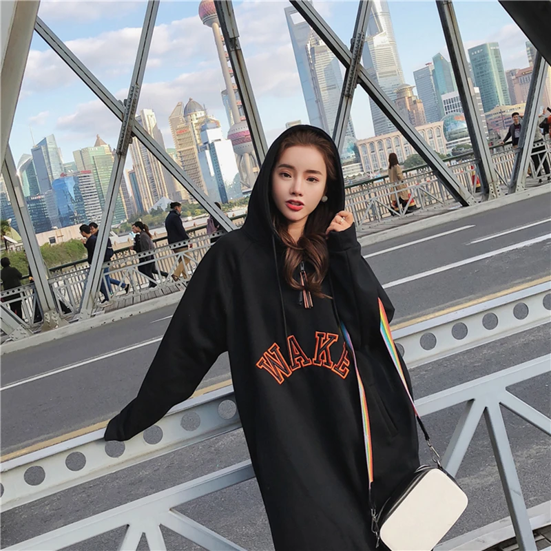 L-3XL New Fall Winter Women Letter Print Loose hoodies Dress Girl streetwear Trend Fashion Long Style Pullovers Sweatshirts