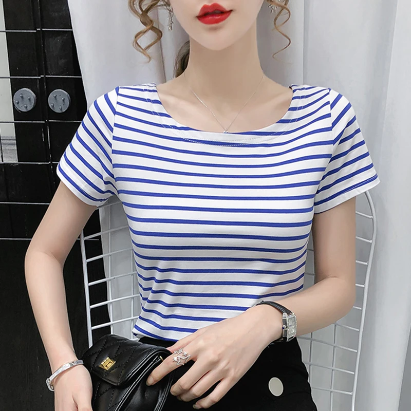 

2021 Summer Striped Womens T-shirt Short Sleeve Slash neck Casual Plus Size Clothes For Women Tee Shirt Female Elasticity Tops