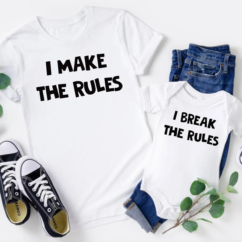 Ropa a juego para la familia, Camiseta de algod&oacute;n de aspecto familiar, pap&aacute;, mam&aacute;, ni&ntilde;os, beb&eacute;, I MAKE RULES I BREAK RULES, camiseta de aspecto familiar-3