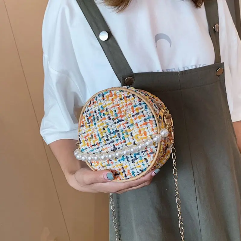 Шерстяная тканая маленькая круглая сумка на плечо женская для покупок Пляжная