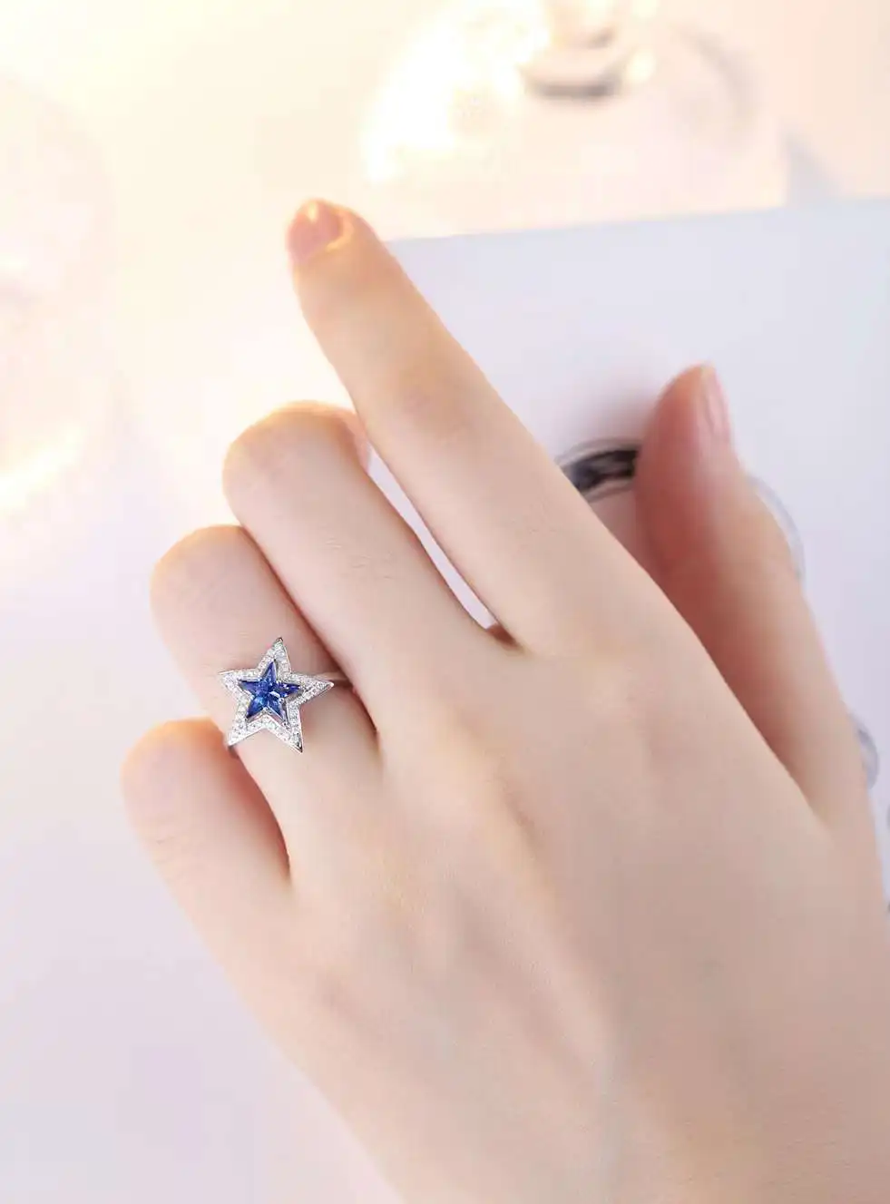 

Zhanhao Romantic Original 18K Gold Sapphire Pentagram Bracelet Ring Necklace Jewelry Set May The Stars Shine With You And Me