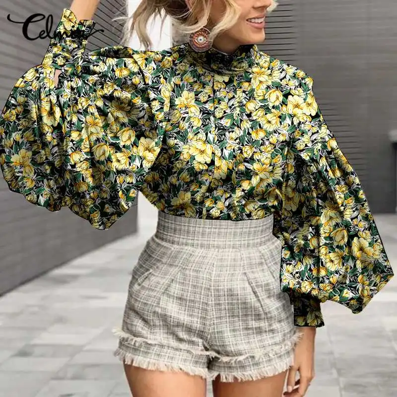 

Celmia 2022 Women Stand Collar Blouses Autumn Floral Printed Lantern Sleeve Shirts Fashion Offcie Streetwear Casual Tops Mujer