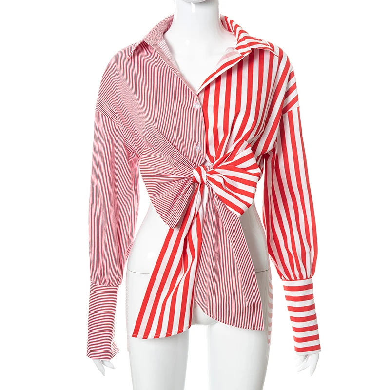 

Women Stripe Contrast Color Patchwork Single Breated Shirts Casual Loose Bowknot Kawaii Blouse 2021 Autumn Boho Y2K Clothes