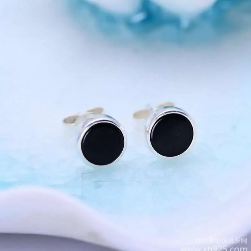 

New Arrival S925 Silver Earrings Black Agate Round Stud Earrings