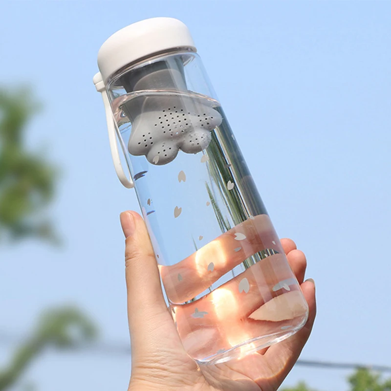 

550ML Creative Cute Cat Claws With Tea Filter Plastic Cup Kawaii Cherry Blossoms Portable Leakproof Sports Water Bottle for Girl