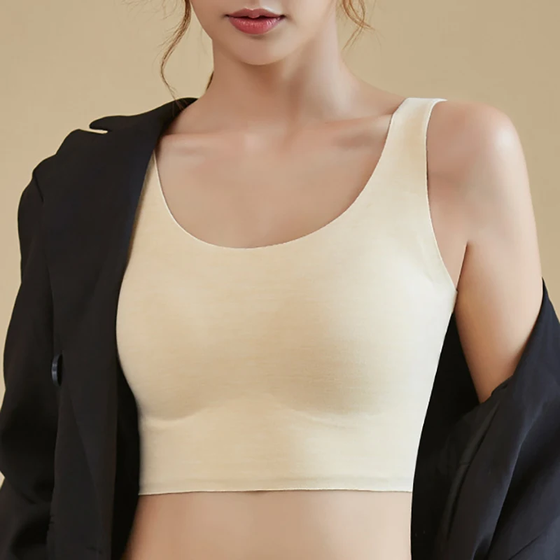 

SofBeauForY New Women Velvet Silk Thermal Underwear Seamless Slim Solid Xolor Bra With Cup Integrated Vest For Autumn And winter