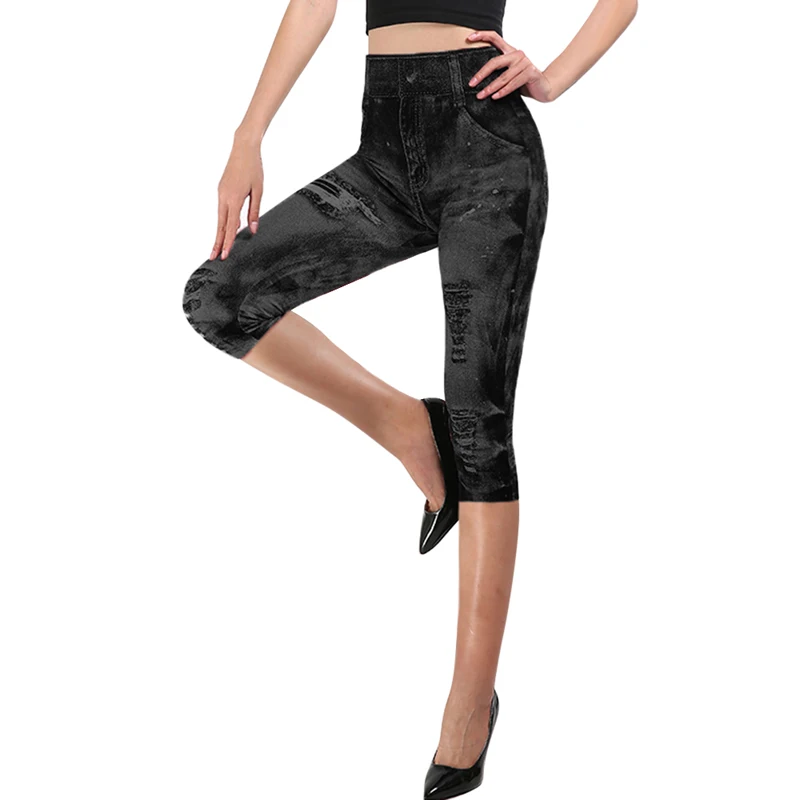 black -2 Sfit женские леггинсы для спортзала, искусственная лосины из джинсовой ткани, леггинсы с карманами и принтом, повседневные узкие брюки с высокой талией, большие размеры, штаны для йоги - Цвет: black -2