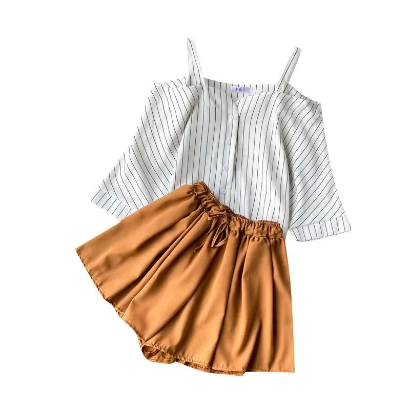 

ICHOIX Striped shirt + shorts women 2 piece set casual tops and shorts set summer 2 piece beach outfits off-shoulder blouse
