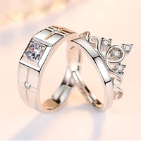 2pcspair classic resizeable crown crystal couple ring wedding engagement adjustable cz jewelry valentine day gift wholesale