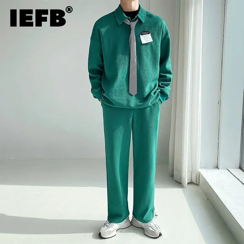 

IEFB Men's Casual Sportswear Set Long Sleeve Lapel Pullover Sweatshirts + Waffle Solid Cotton Sweatpants Set Green Loose Suit