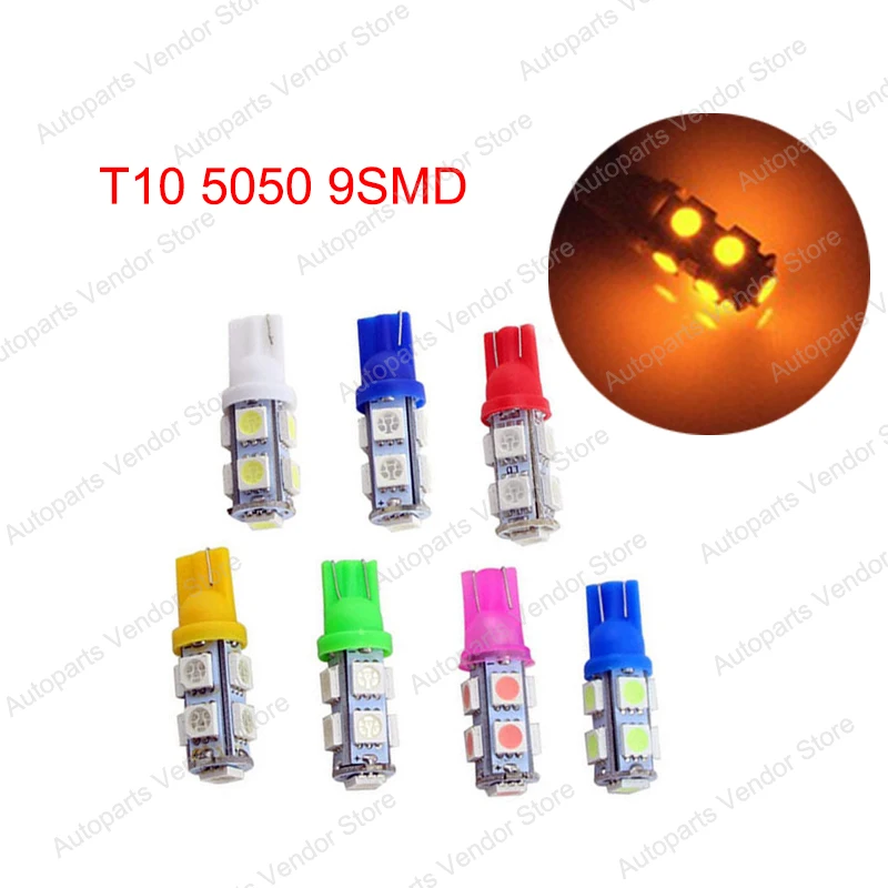 20 шт желтый T10 W5W 5050 9SMD автомобиля Клин светодиодный замены ламп задние габаритные огни двери считывающая хвостовой багажник Подсветка регистрационного номера 12V