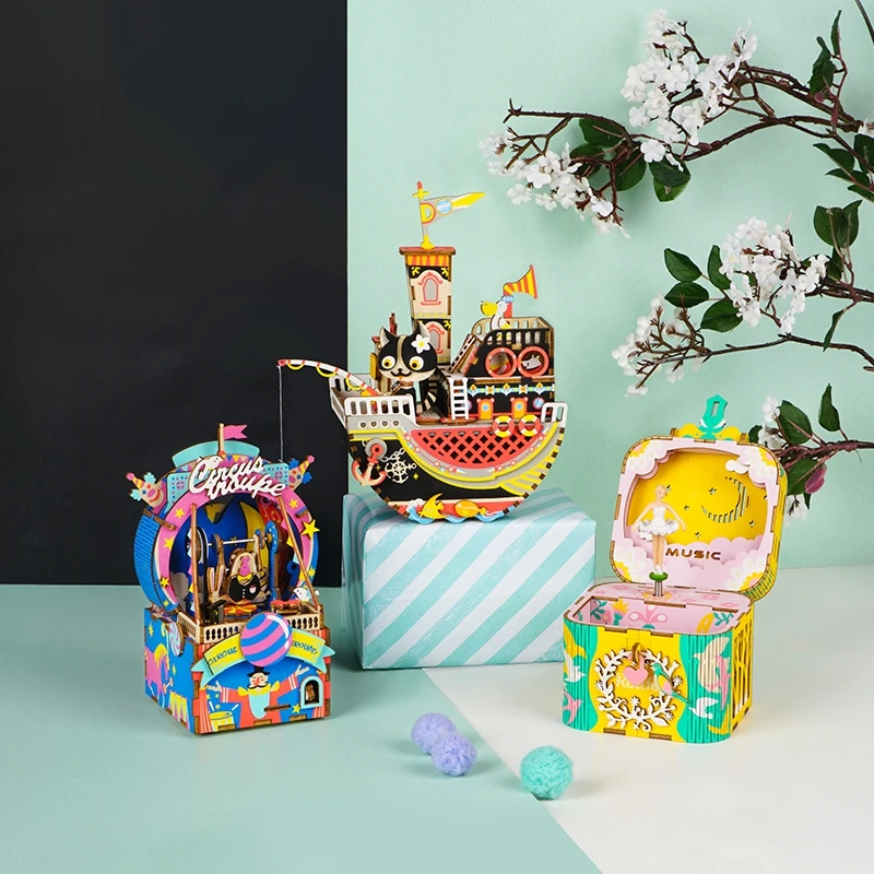Excellent Beautiful DIY 3D Wooden Music Box Fishing Cat Puzzle Game Amusement Park Little Performer Great Birthday Gift For Kids | Игрушки и