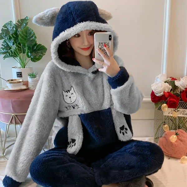 Пижамный комплект с кошкой для женщин новинка 2020 топ капюшоном и длинным рукавом