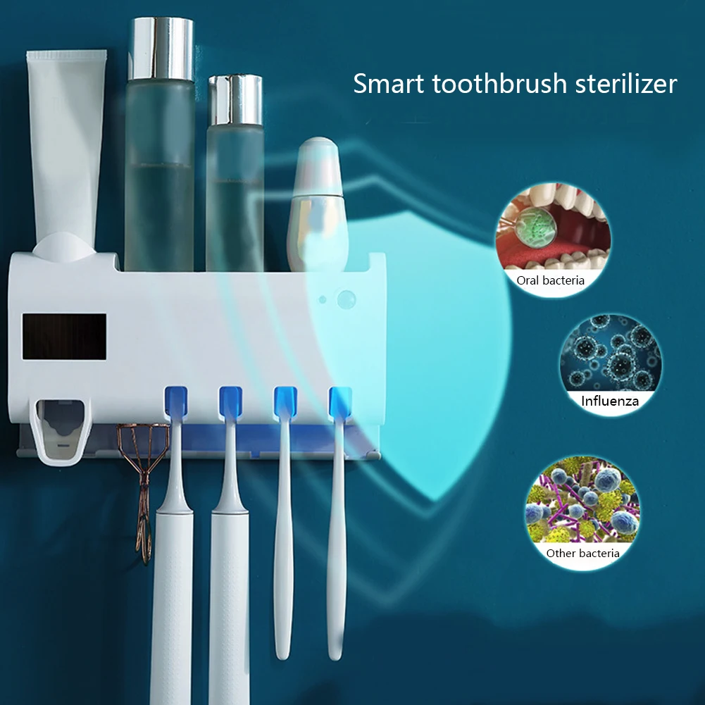 Automatic Toothpaste Dispenser LED Ultraviolet Toothbrush Sterilizer With Infrared Induction Solar Charging Bathroom Set Newest