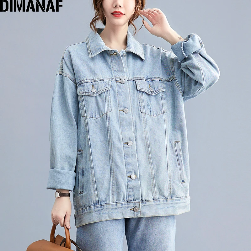 

DIMANAF 2021 Jacket Coat Women Clothing Denim Jeans Cardigan Outwear Loose Fashion Lady Autumn Winter Bomber Jacket Oversize