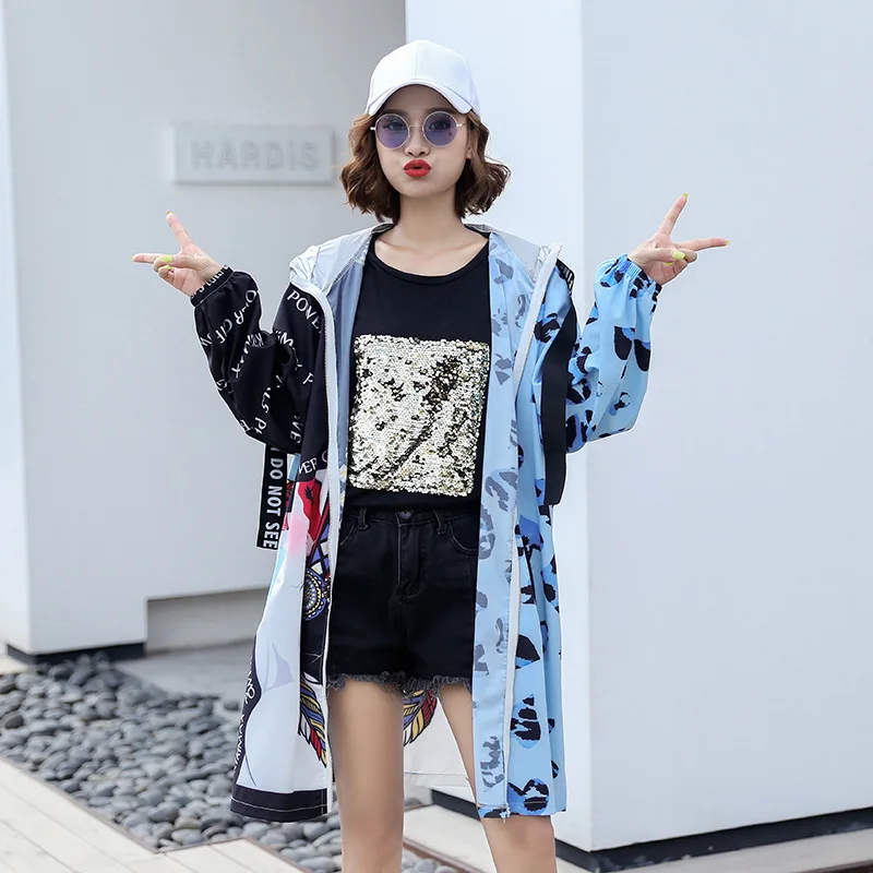 Vefadisa Autumn Woman Cartoon Printed Spliced Coat Loose Zipper Hooded Collar Full Sleeve Wide-waisted 2019 QYF199 | Женская одежда
