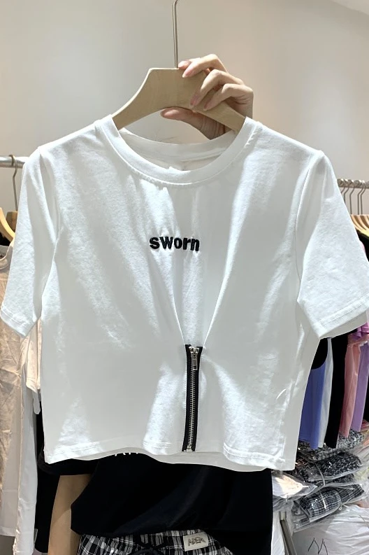 

White Round Neck Short-Sleeved T-shirt for Women 2021 Summer New Tee Loose Letter Print Design Zipper Short Tops Female Tshirt
