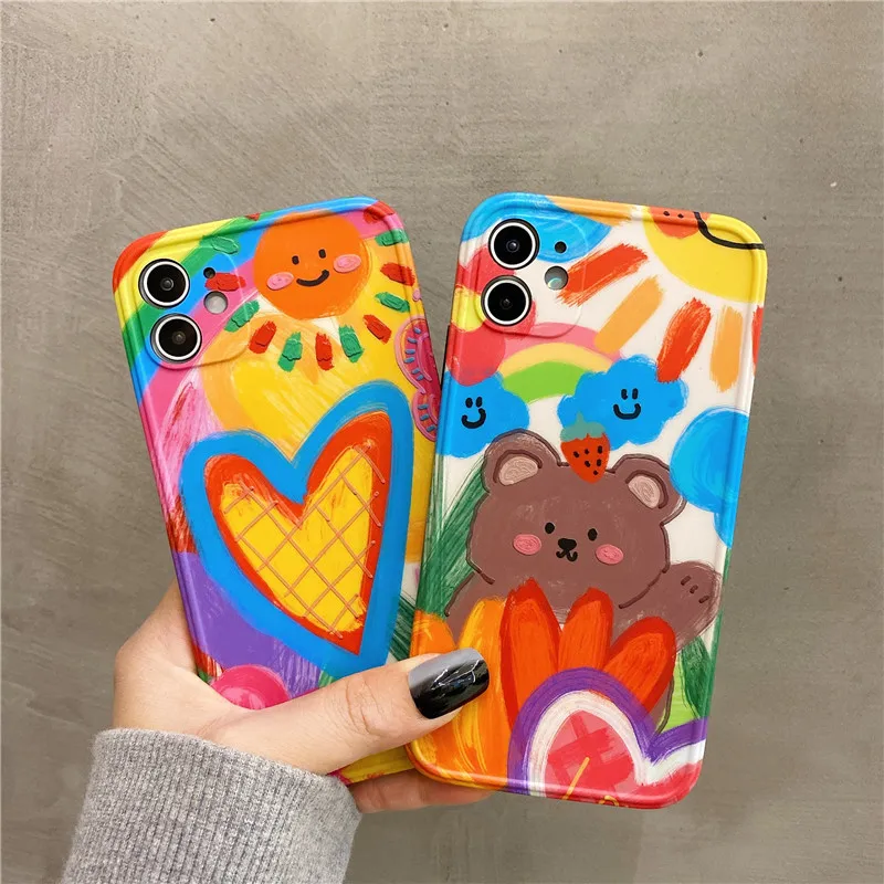 

Cute Bear Cartoon Heart Graffiti Oil Painting Phone Cases for IPhone 12 Mini 11 Pro Max XR X XS Max 7 8 Plus Soft IMD Back Cover