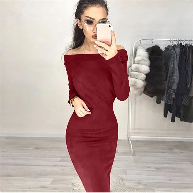 Solid Sexy Dress Women Huge Suede Elegant Long Sleeve Off Shouder Bodycon Party Vestido De Festa Drop Shipping O4 | Женская одежда