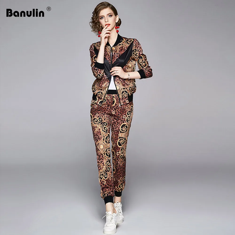 

Spring Fashion Runway Bomber Jacket Pants Suits Women's Leopard Print Zipper Jacket Coat+Elastic Waist Pant Set 2 Two Piece Set