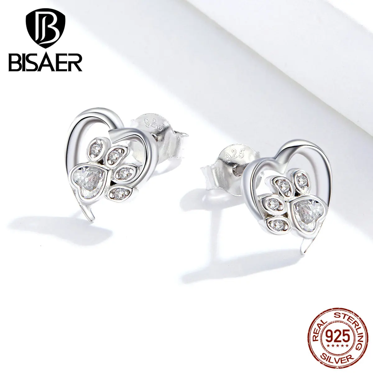 Серьги "отпечатки пальцев" BISAER 925 пробы серебряные собачьи следы серьги гвоздики для женщин кубический циркон ювелирные изделия ECE654-WH