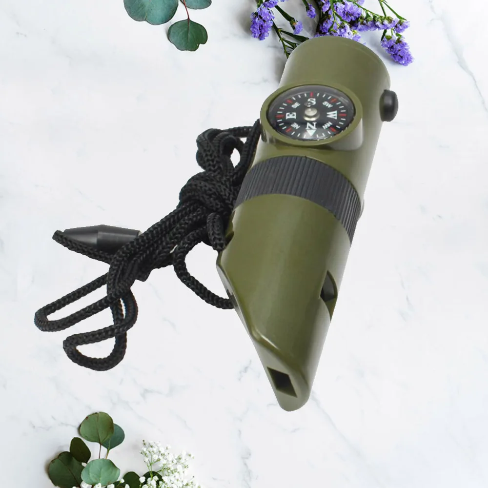 

7 in 1 Multifunctional Portable Whistles Emergency Survival Whistles with Lanyard LED Light Compass Magnifier for Ou