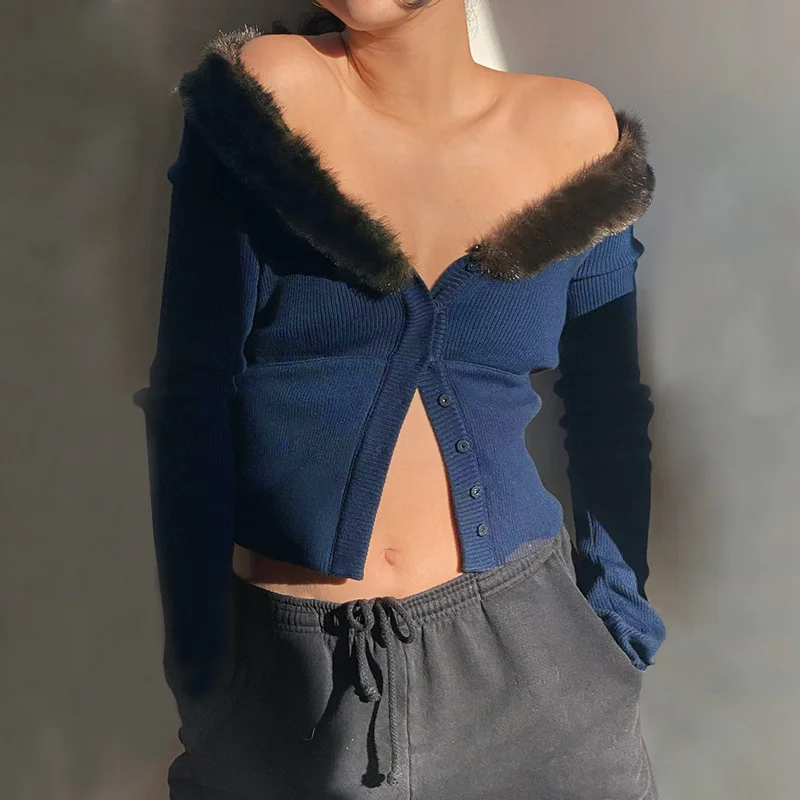 

Blue Faux Fur Sexy Knitted Cardigan Women 2021 Off Shoulder Autumn Winter Casual Sweater Y2K Vintage Long Sleeve Tops E Girl