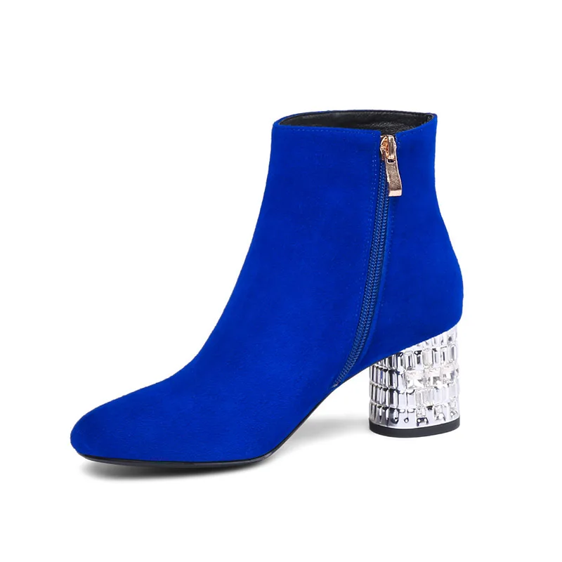 Женские замшевые ботильоны Phoentin синие полусапожки на высоком каблуке с