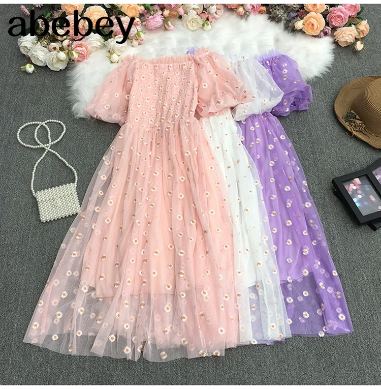 

2021 New Summer Fashion All-match slash neck puff sleeve Dress high waist slim Embroidery Flower Dress