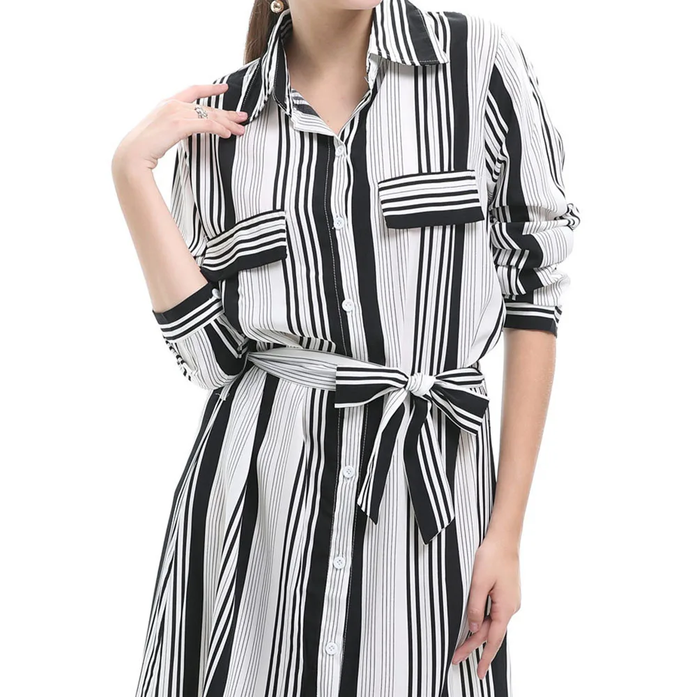 

Western Style Spring Summer Fashion Ladies Dress Casual Loose Simple All-match Stripe Lapel Single-breasted Long Sleeve 2021