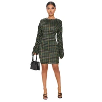 autumn and winter new womens dress fashion check bandage pleated sleeve commuter casual round neck long sleeve dress