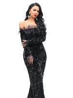 black maxi long sequin dress with feathers long sleeves cocktail party prom wedding