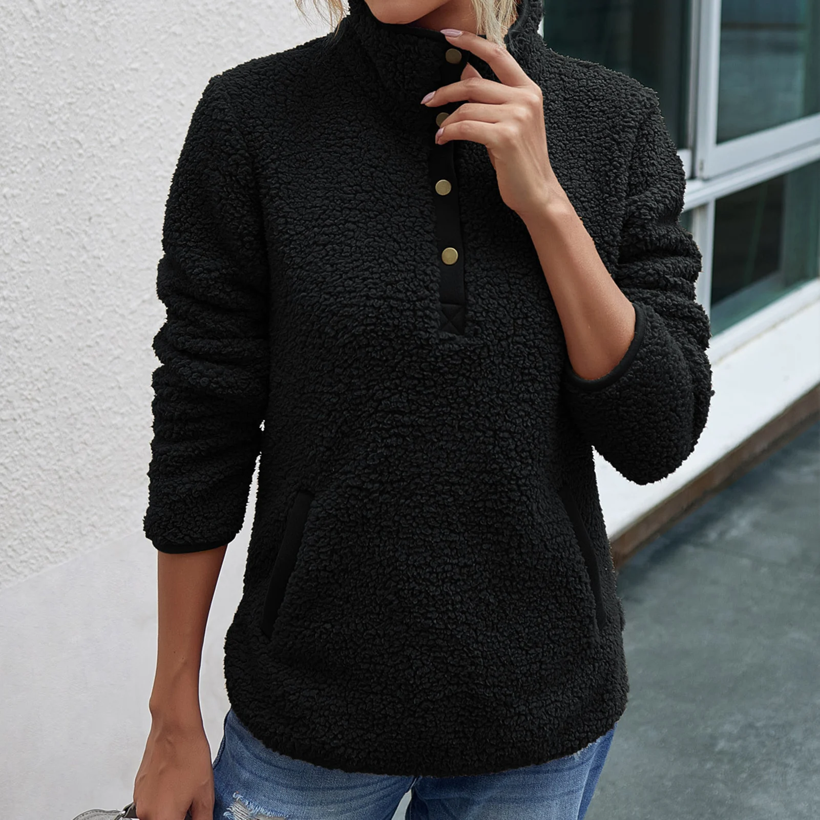 

Women Autumn Winter Stand Collar Long Sleeve Plush Sweatshirt Pockets Pullover