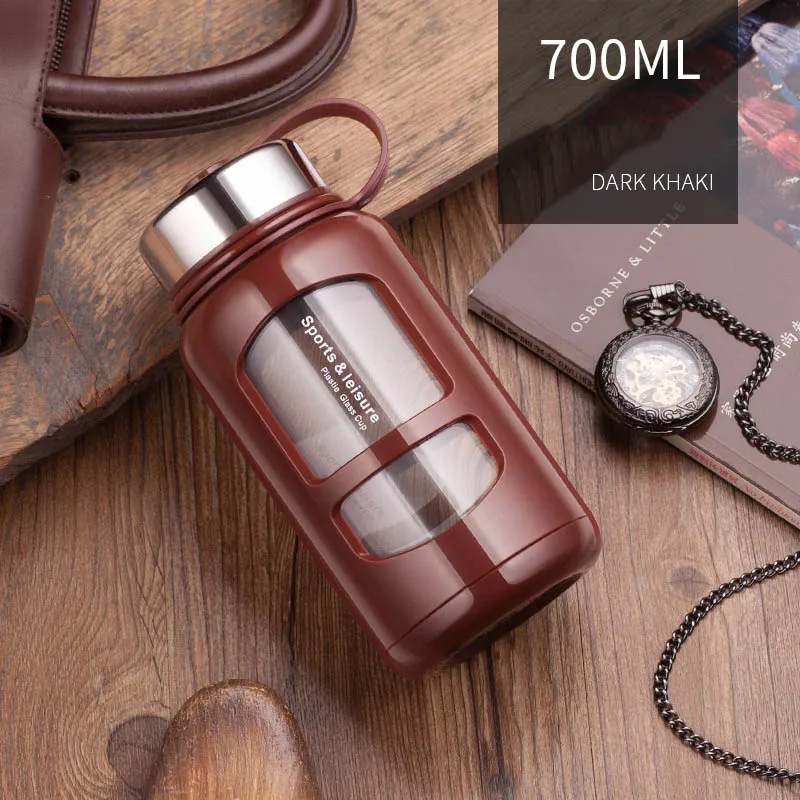 dark khaki 700ml JOUDOO 700 мл 1000 мл портативные стеклянные бутылки для воды открытая космическая бутылка Спортивная бутылка для воды герметичная велосипедная альпинистская Подарочная 35 - Цвет: dark khaki 700ml