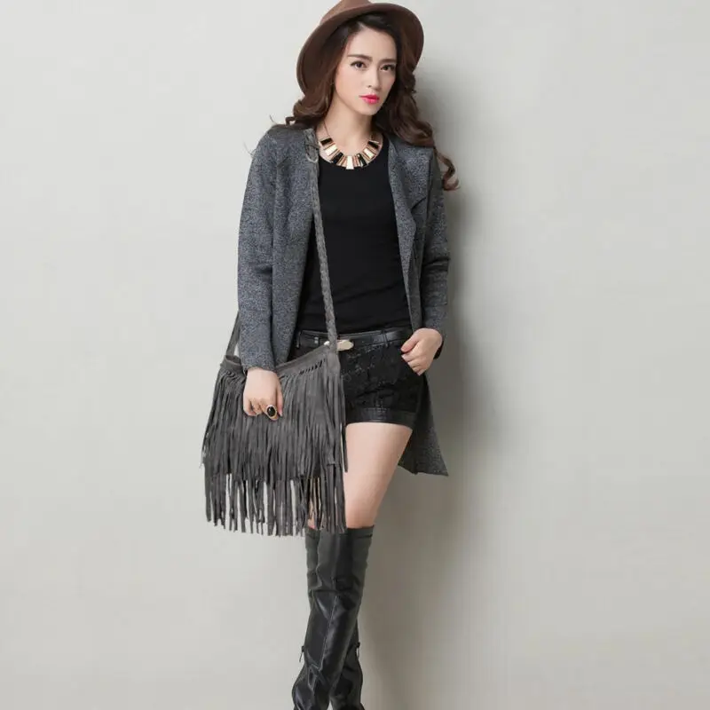 Женский кошелек типа Мессенджер с бахромой и кисточками Замшевая сумка через