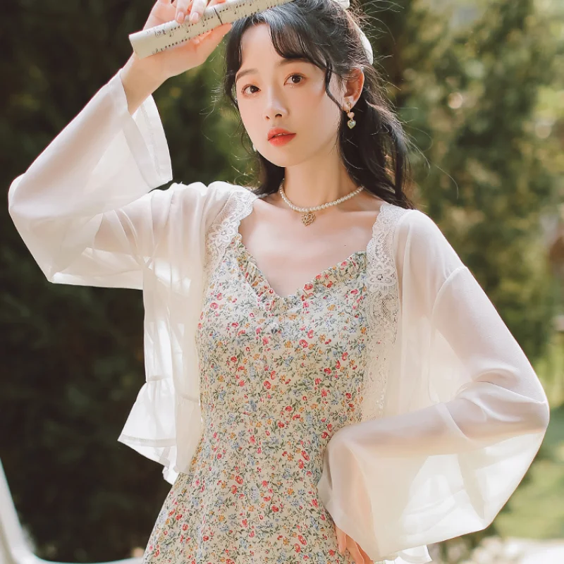 

Sun Protection Clothing with Suspender Skirt Cardigan Blouse Women's New Summer Coat Shawl Super Fairy White V-neck
