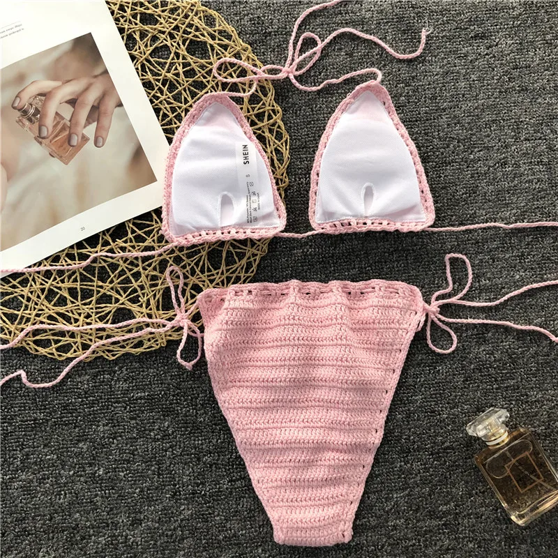 

Sexy Weave Micro Bikinis 2020 Women Crochet Swimsuit Sunflowers Swimwear Female Halter Bikini Lace Up Bandage Swim Bathing Suit