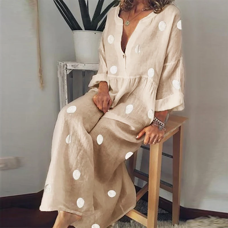 Женское длинное платье в горошек с V образным вырезом на пуговицах|Женские