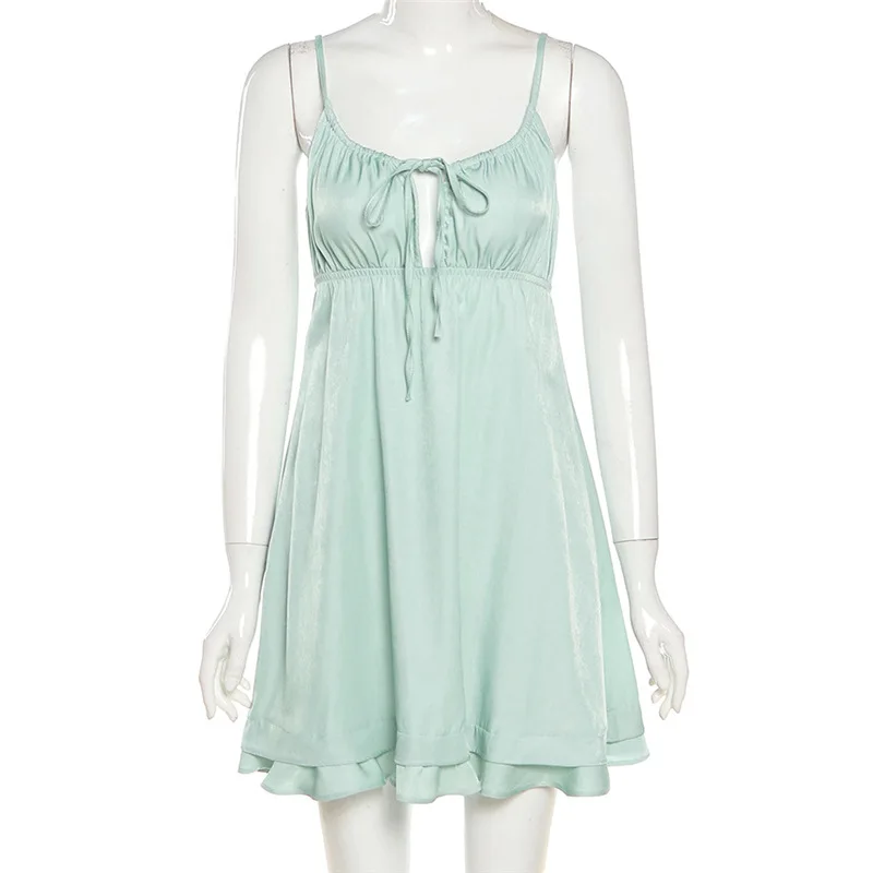 

Summer Women Sexy V Neck Backless High Waist A-Line Green Dress New Female Solid Casual Mini Dresses Beach Club Party Vacation