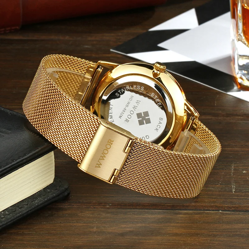 WWOOR золотые часы для Для мужчин Топ бренд роскошные ювелирные изделия из чистого