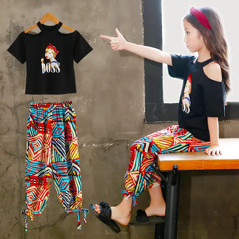 

Children's Wear 3-12 14Y Clothing Set Summer Beach Sport Suits Fashion Flower Print School Style Chiffon Kids Girl Party Clothes