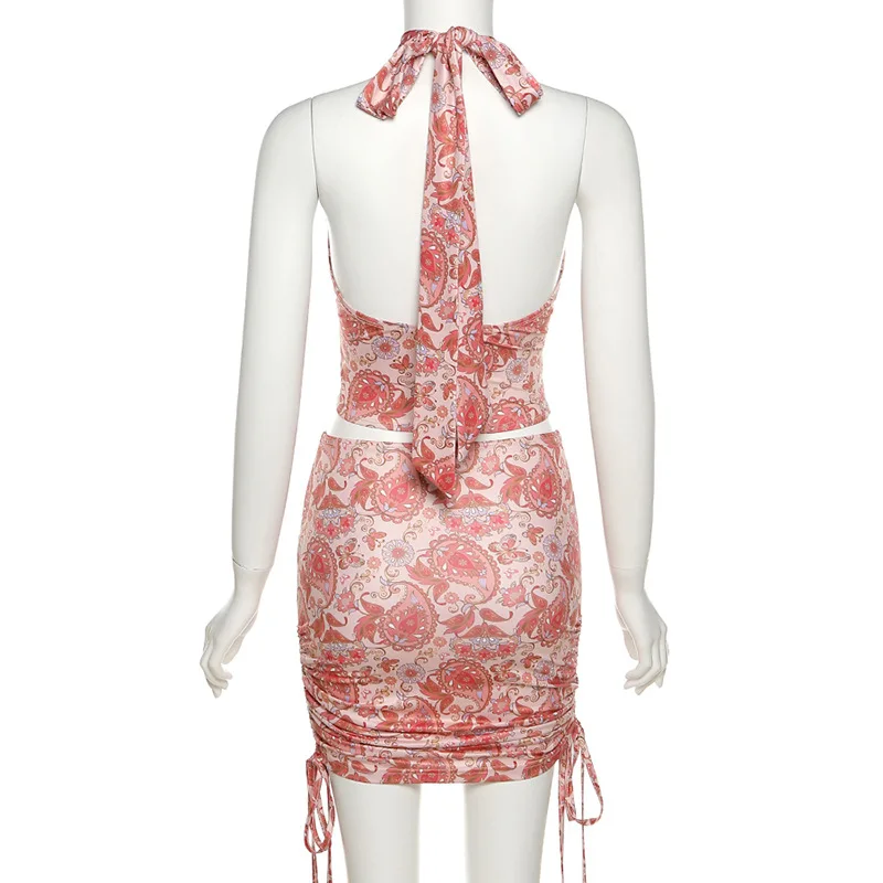 

2-Piece Print Dress Set Halter Crop Top + High Waist Skirt 2021 Ladies Boho Summer Dress Set