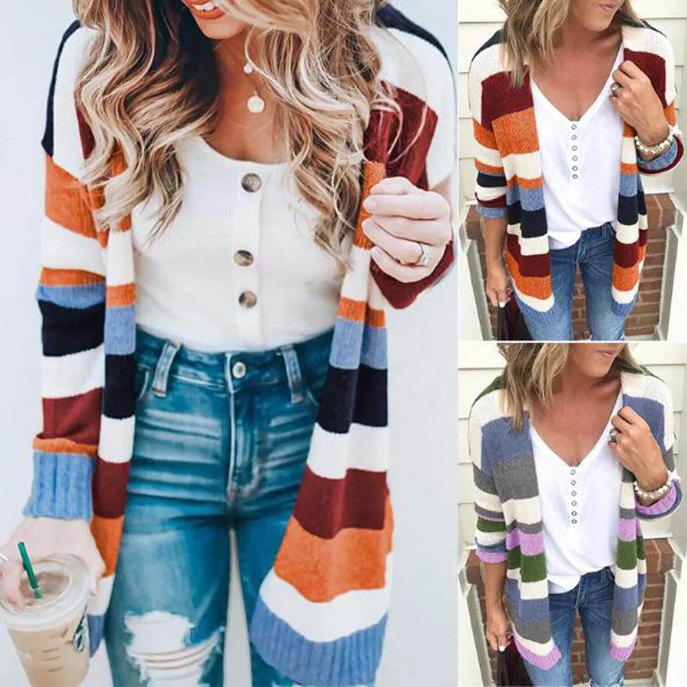 2020 осень зима полосатый свитер вязаный кардиган Свободный Повседневный