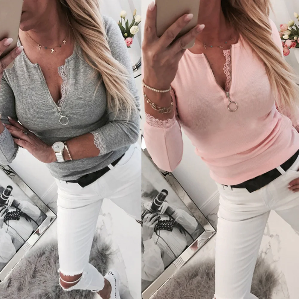 Sexy Lace Patchwork Zipper Half Open Knitted Tops Pullover Autumn Winter Women Pull Jumper Female Casual Slim Pink Grey Sweaters | Женская