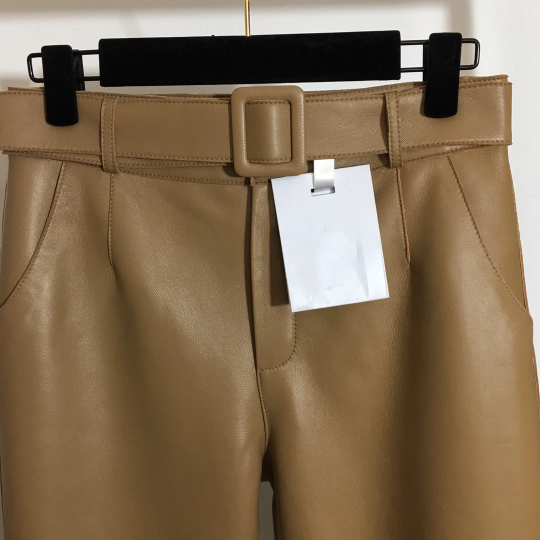 

Hoge Kwaliteit Vrouwen Herfst En Winter Nieuwe Riem Taille Schapen Lederen Broek Straight-Leg Afslanken Harlan Broek