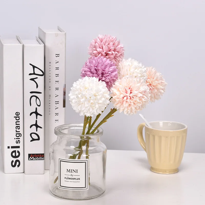 

5PCS Single Head Artificial Flowers Dandelion Ball Chrysanthemum Fake Flower Home Living Room Wedding Decoration