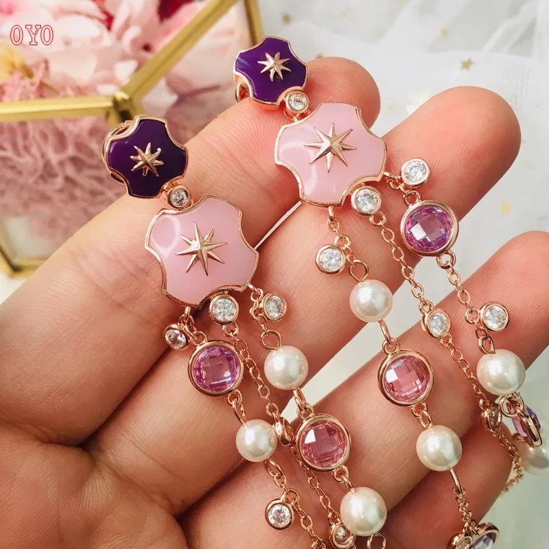 Japan and South Korea trend new star powder pink pearl tassel long  earrings