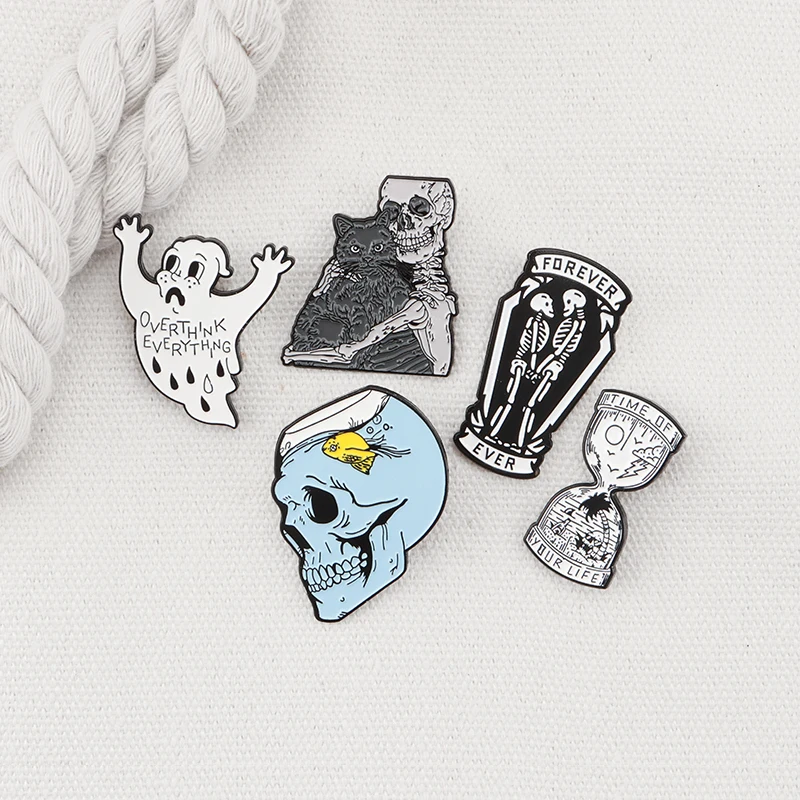 Время песочных часов булавки Скелет любовь броши призрак значки сумка джинсовая