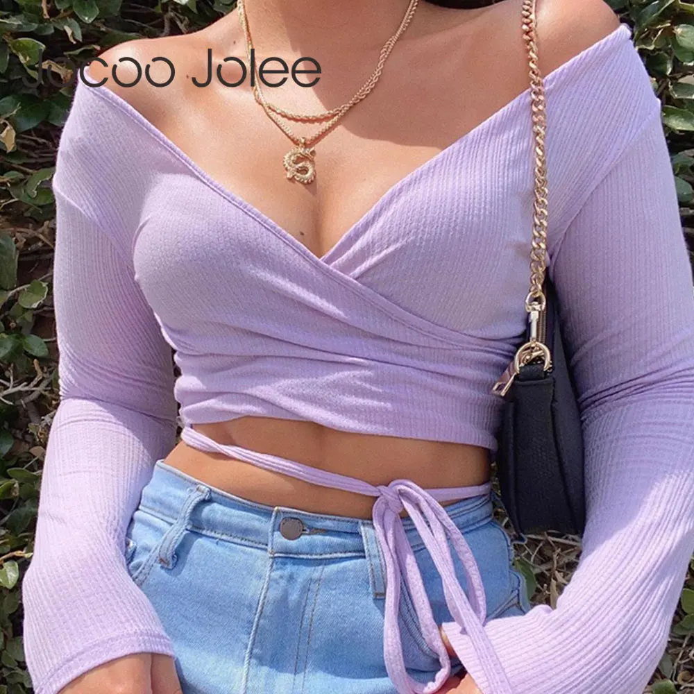 

Jocoo Jolee 2021 женская летняя пикантная облегающая Однотонная рубашка без бретелек с V-образным вырезом и длинным рукавом плиссированная Клубна...